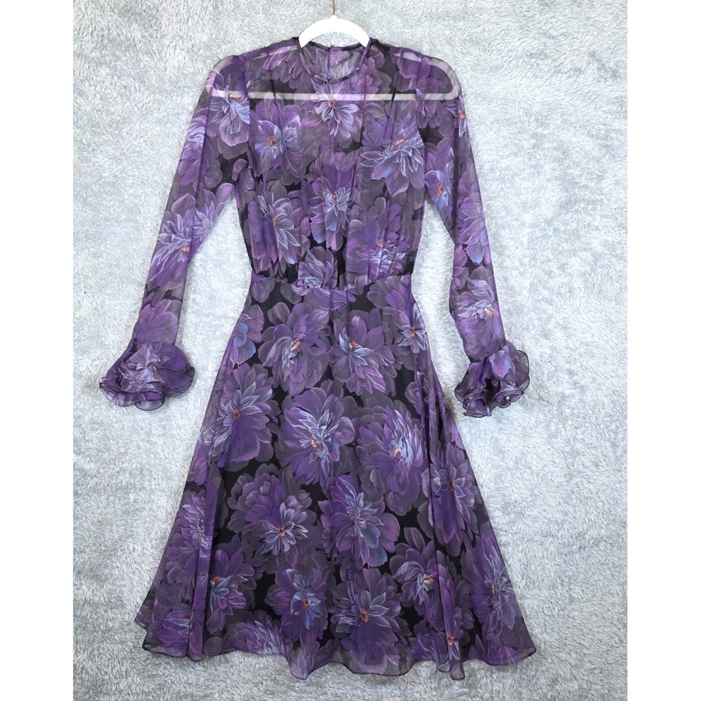 VTG 70s Noel Sophisticates Chiffon Midi‎ Dress Purple Floral Sheer Bell Cuff S